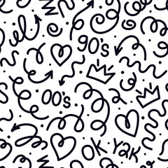 Trendy squiggles seamless pattern. Fun black white line doodle with shapes crown, heart, numbers of 90s, 00s, y2k with curly confetti. Simple childish print. For textile, backdrop, packaging
