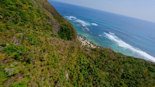 Playa Fronton, Samana in Dominican Republic. Aerial drone fpv