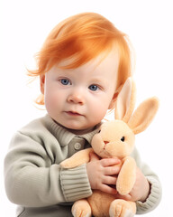 Innocent Joy: Baby and Plush Bunny on White Background