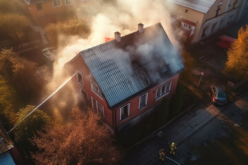 Aerial view of extinguish burning house roof, emergency AI Generative