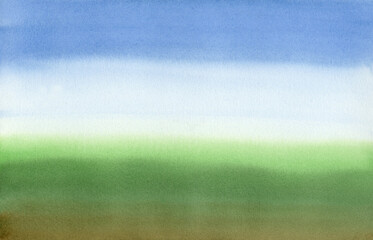Fototapeta na wymiar Abstract watercolor horizontal background with spots, splashes, streaks, waves, gradient for postcards, invitations, greetings, business cards. Blue sky and green grass