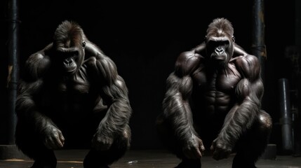 Fototapeta na wymiar Two muscular gorillas in the gym on a black background. Generative AI