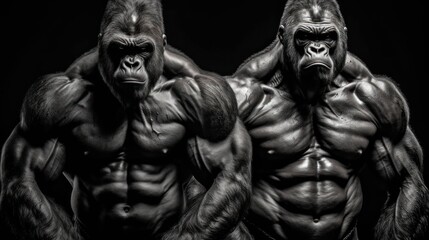 Two muscular gorillas in the gym on a black background. Generative AI