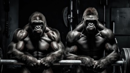 Fototapeta na wymiar Two muscular gorillas in the gym on a black background. Generative AI