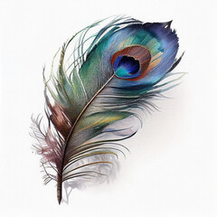 AI generative watercolor illustration of a gorgeous peacock feather on a white background.