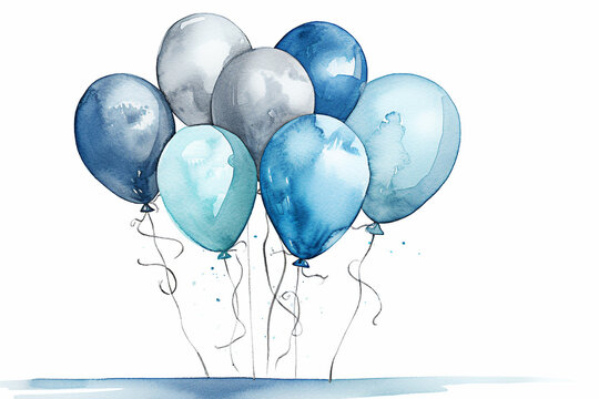 Watercolor blue balloons on white background. watercolor hand painted illustration. Generative AI