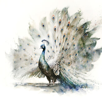 AI generative watercolor illustration of a gorgeous peacock on a white background.