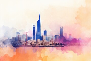 vibrant city skyline in watercolor. Generative AI