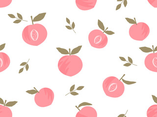 Seamless pattern of peach fruit with green leaves on white background vector illustration.