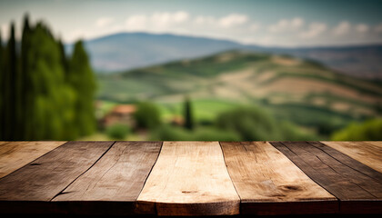 Empty Wooden Table In Front Of Green Hills And Trees Landscape In Background - Generative AI