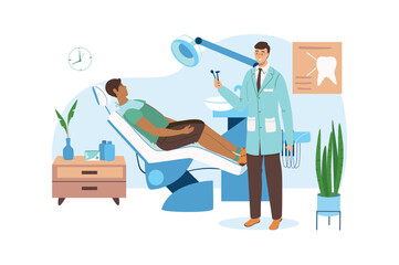 Medical office blue concept with people scene in the flat cartoon design. Man came to the dentist to treat his teeth. Vector illustration.