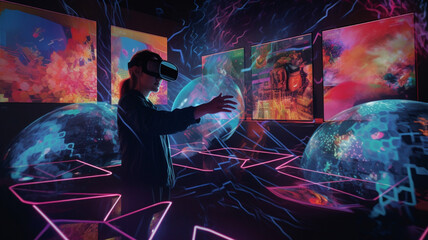 Immersive experience and virtual reality concept , people with 3d simulation, generated by AI