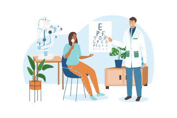 Fototapeta na wymiar Blue concept Medical office with people scene in the flat cartoon style. Girl checks her vision at the ophthalmologist. Vector illustration.