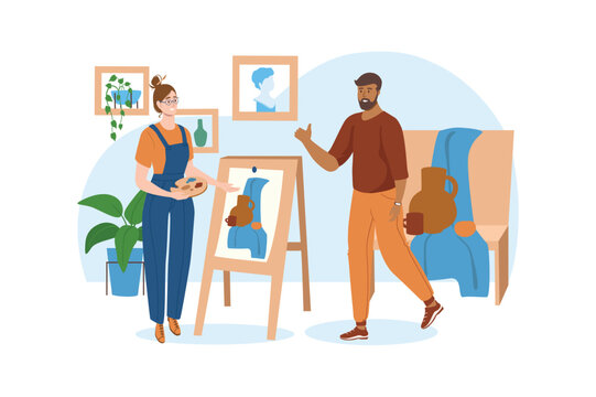 School blue concept with people scene in the flat cartoon style. Girl came to the school of painting and began to paint still life. Vector illustration.