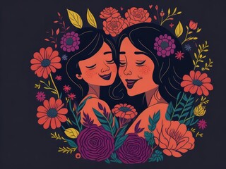 Illustration for Mother's Day Celebration, Woman Illustration, Mom and Child Hugging, Floral Frame, Generate AI