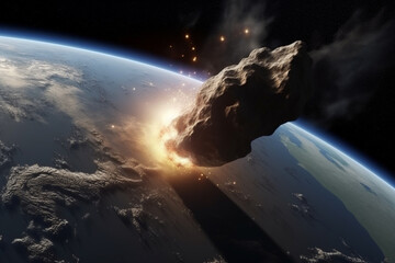 Big asteroid or comet crashing and hit on the surface of an Earth like planet. Generative AI - obrazy, fototapety, plakaty