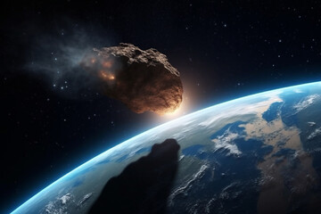 Obraz na płótnie Canvas Big asteroid or comet crashing and hit on the surface of an Earth like planet. Generative AI