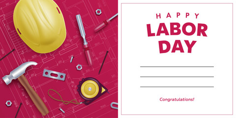 Happy labor day horizontal banner, poster or greeting card with realistic yellow helmet and tools. Vector illustration