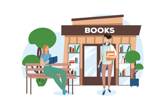 Blue concept Shop with people scene in the flat cartoon design. Two teenagers decided to buy some books and read them near book store. Vector illustration.