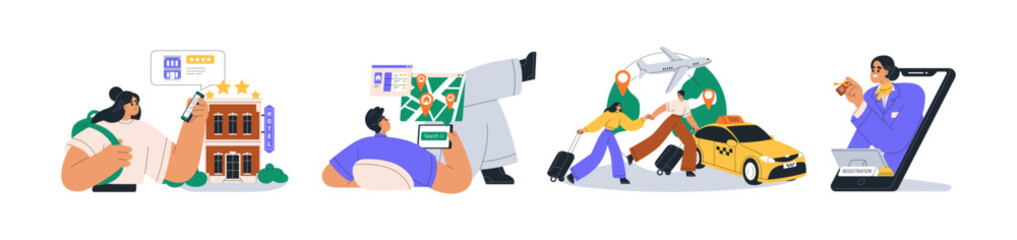 Travel and tourism concept set. Tourists booking accommodation, ordering tickets, planning trip route on map, itinerary, using online services. Flat vector illustrations isolated on white background © Good Studio