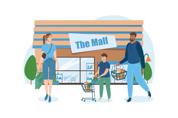 Shop blue concept with people scene in the flat cartoon style. Family went together to the supermarket for groceries. Vector illustration.