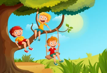 Fotobehang Сhildren playing on a tree in the park. Little boys hang on tree branches and on a swing. Colourful cartoon characters  © yayasya