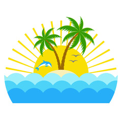Tropical island illustration with palm tree and sun on white background