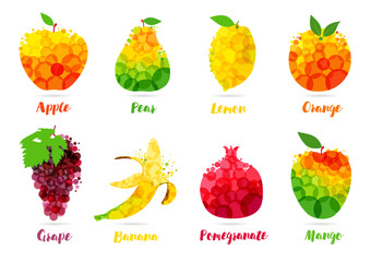 Set of abstract colorful fruits design. Creative icon design of apple, pear, lemon, orange, grape, pomegranate, banana, mango for label of fresh juice or lemonade. Vector illustration