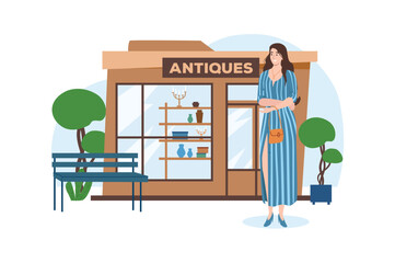 Shop blue concept with people scene in the flat cartoon style. Girl came to the antique shop because she collects old things. Vector illustration.