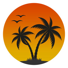 Illustration of an island with a palm tree and seagulls against the background of the sunset