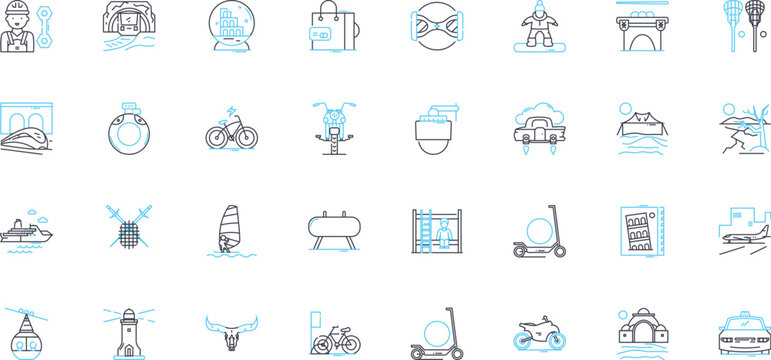 Beach resort linear icons set. Sand, Sun, Waves, Hammock, Ocean, Palm trees, Relaxation line vector and concept signs. Seaside,Surfing,Bikinis outline illustrations Generative AI