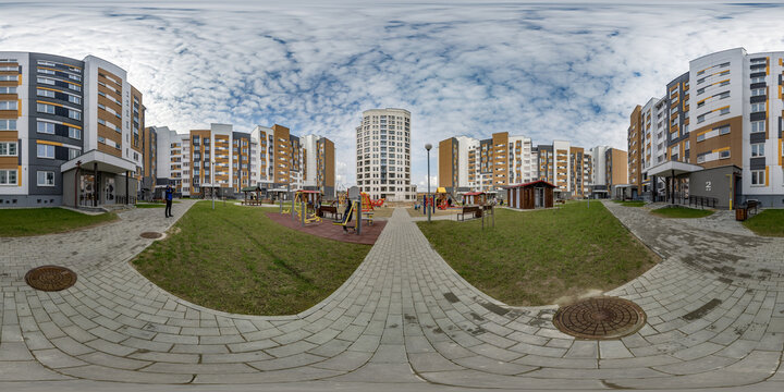 360 hdri panorama near playground in middle of modern multi-storey multi-apartment residential complex of urban development in equirectangular seamless spherical projection, AR VR content