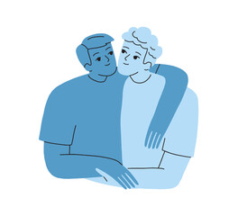Happy gay couple. Homosexual romantic relationship between affectionate men. Happy loving guy, boyfriends hugging together. LGBT partners. Flat graphic vector illustration isolated on white background