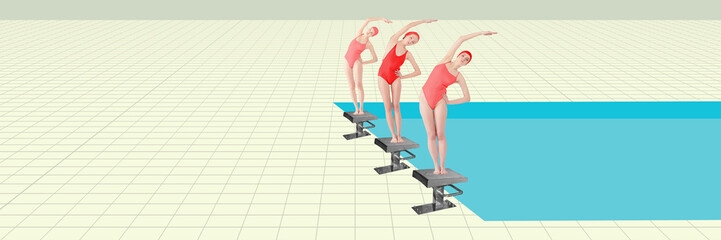 Female swimming athletes in red swimsuits and cap standing on position, warming-up before swimming....