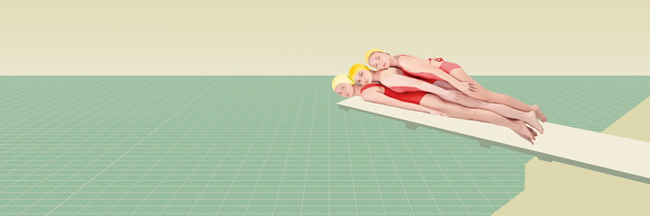Funny artwork with three young girls in swimsuits lying on each other at trampoline. Contemporary...