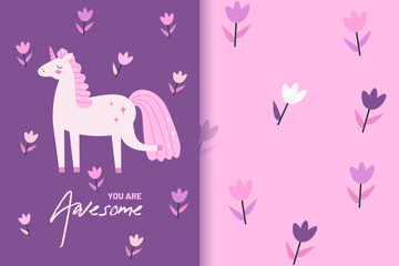 Cute unicorn and flowers clipart card and seamless pattern. Kids design concept. Vector illustration.