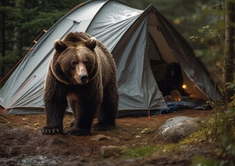 brown bear in camp near tent, danger in camp, generative ai 