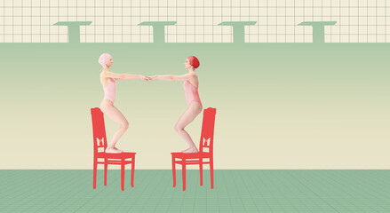 Two girls, swimming athletes in swimsuits and cap standing on chair, holding hands, training before swimming. Contemporary art collage. Concept of sport, retro style, creativity, fashion, activity.