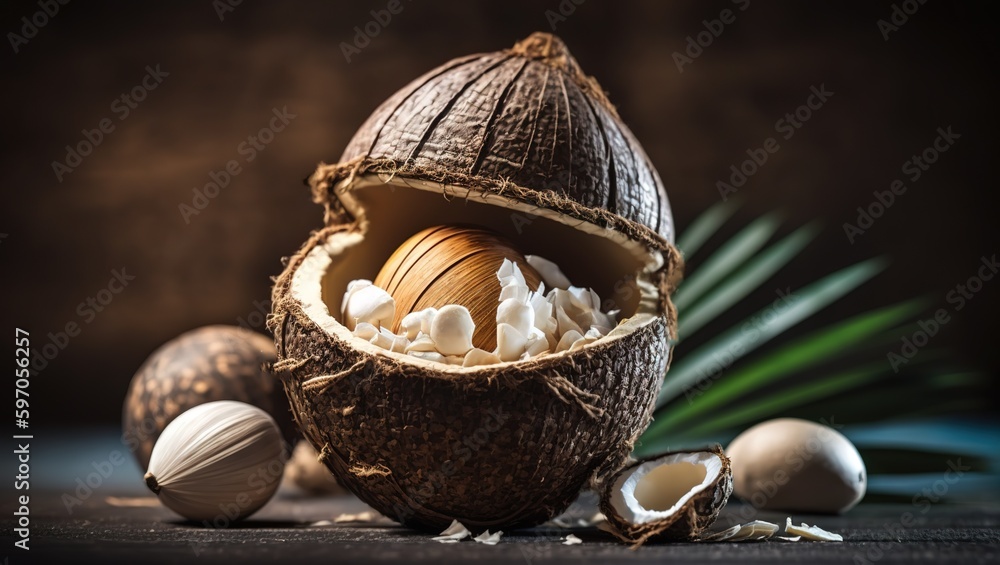 Poster background of seashells in a coconut shell generative ai
