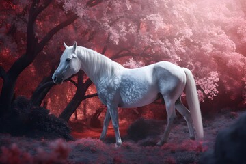 Naklejka na ściany i meble White horse standing among the cherry trees. made with Generative AI