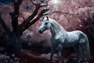 Naklejka na ściany i meble White horse standing among the cherry trees. made with Generative AI