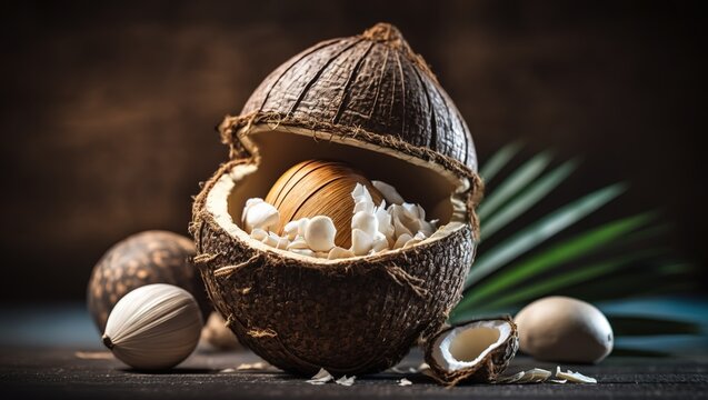 Background of seashells in a coconut shell Generative AI