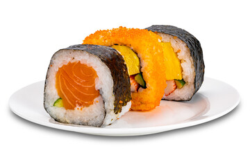 Row of different kinds of fresh magi roll in white ceramic dish isolated on white background with cliping path, closeup, side view, horizontal format. © takepicsforfun