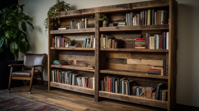 Bookshelf with adjustable shelves. AI generated