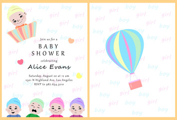 Baby shower poster, vector templates. Baby shower invitations with kids in different mood, hearts, air baloon and text on white background