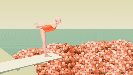 Young girl, swimming athlete in red swimsuits and swimming cap standing on trampoline, ready to dive into balls pool. Contemporary art. Concept of sport, retro style, creativity, fashion, activity.
