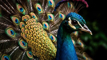 Fototapeta na wymiar Colorful and exotic peacock, close-up. AI generated