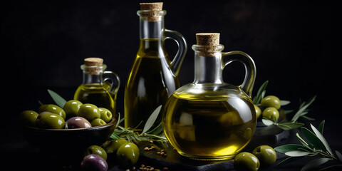 A variety of olive oil bottles in different shapes with a rustic backdrop of olives and leaves, evoking a sense of artisanal charm.