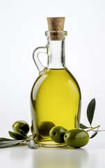 A classic olive oil carafe with a handle, accompanied by fresh olives, evoking a sense of tradition and authenticity.