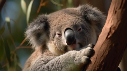Cuddly koala napping in tree. AI generated